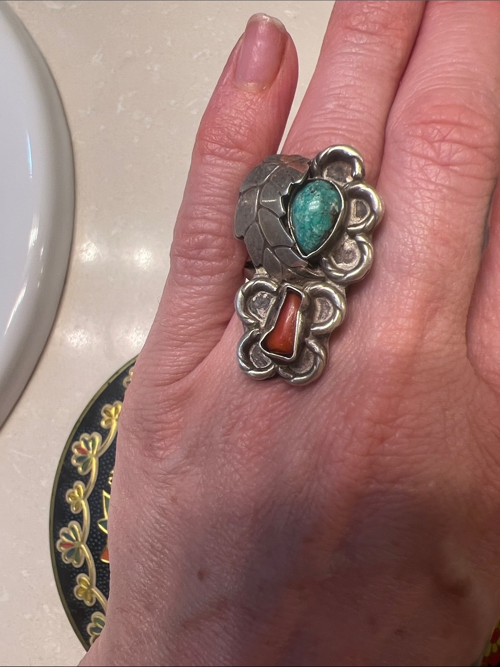 Vtg Navajo Silver Turquoise & Coral Floral Statement Ring